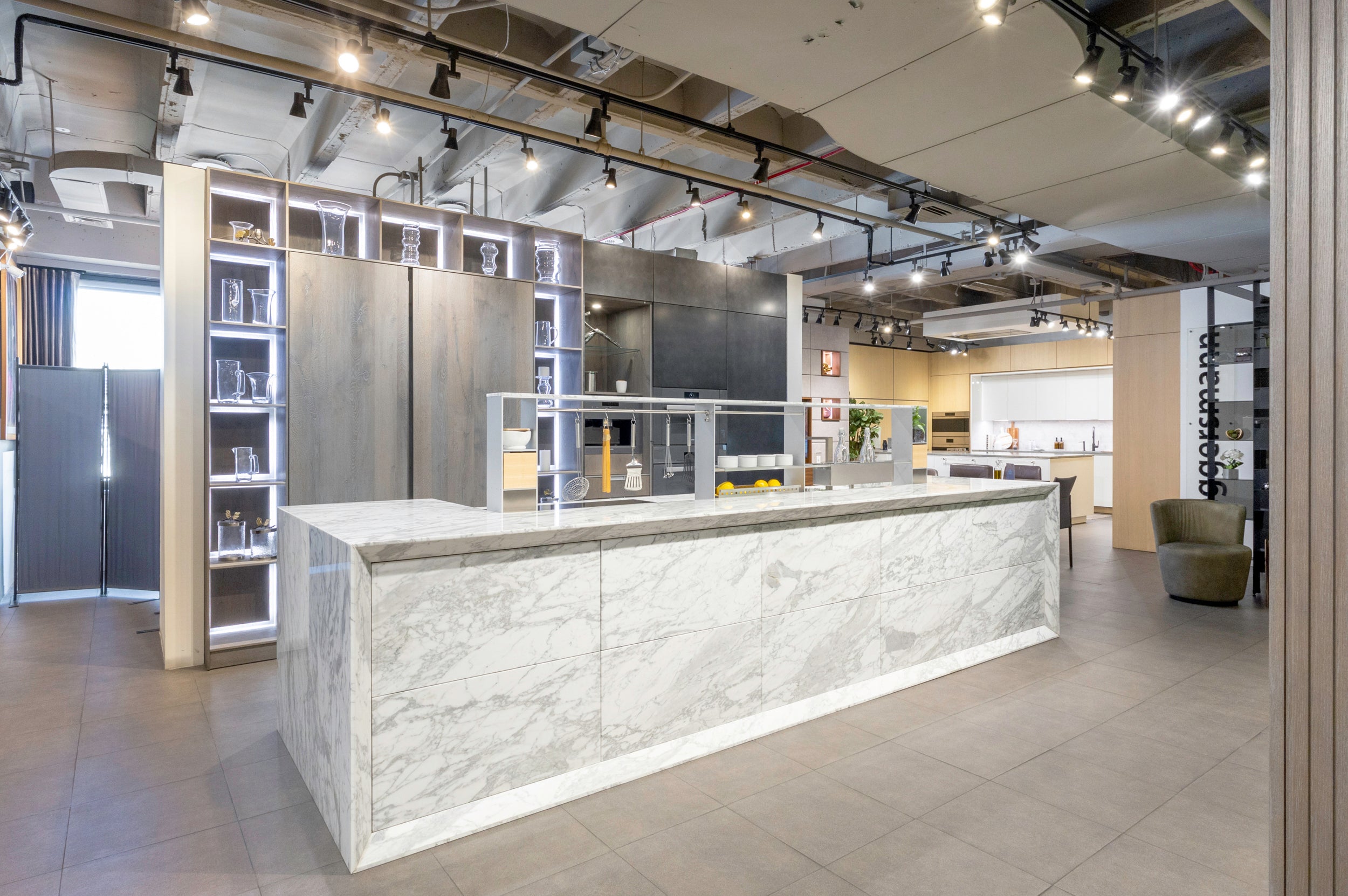 eggersmann USA Chablis Vintage Oak & Steel Grey Modern Kitchen with Arabescato Waterfall Island and Miele Appliance Suite