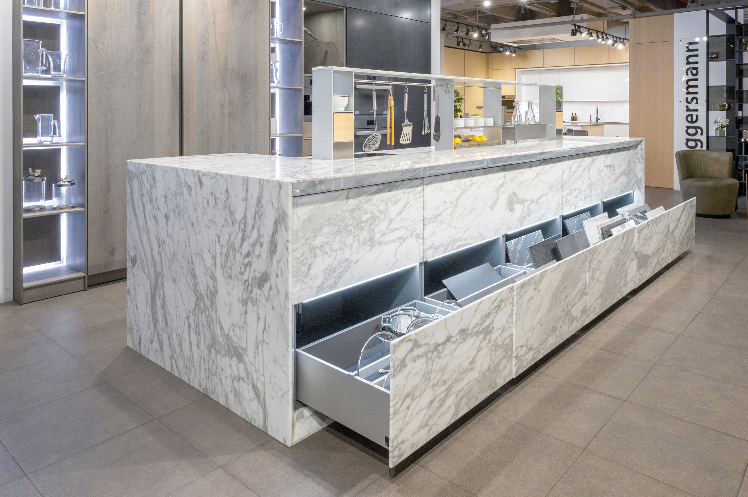 eggersmann USA Chablis Vintage Oak & Steel Grey Modern Kitchen with Arabescato Waterfall Island and Miele Appliance Suite