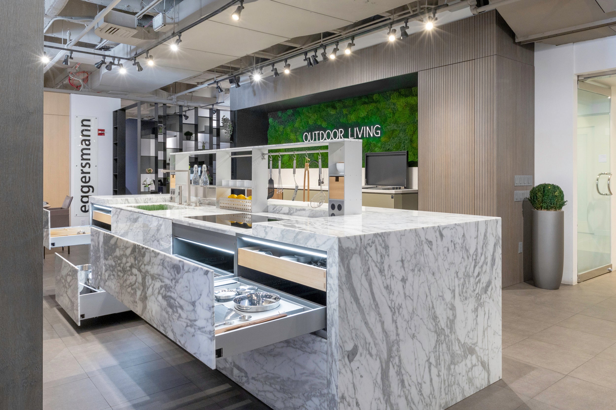 eggersmann USA Chablis Vintage Oak & Steel Grey Modern Kitchen with Arabescato Waterfall Island and Miele Appliance Suite