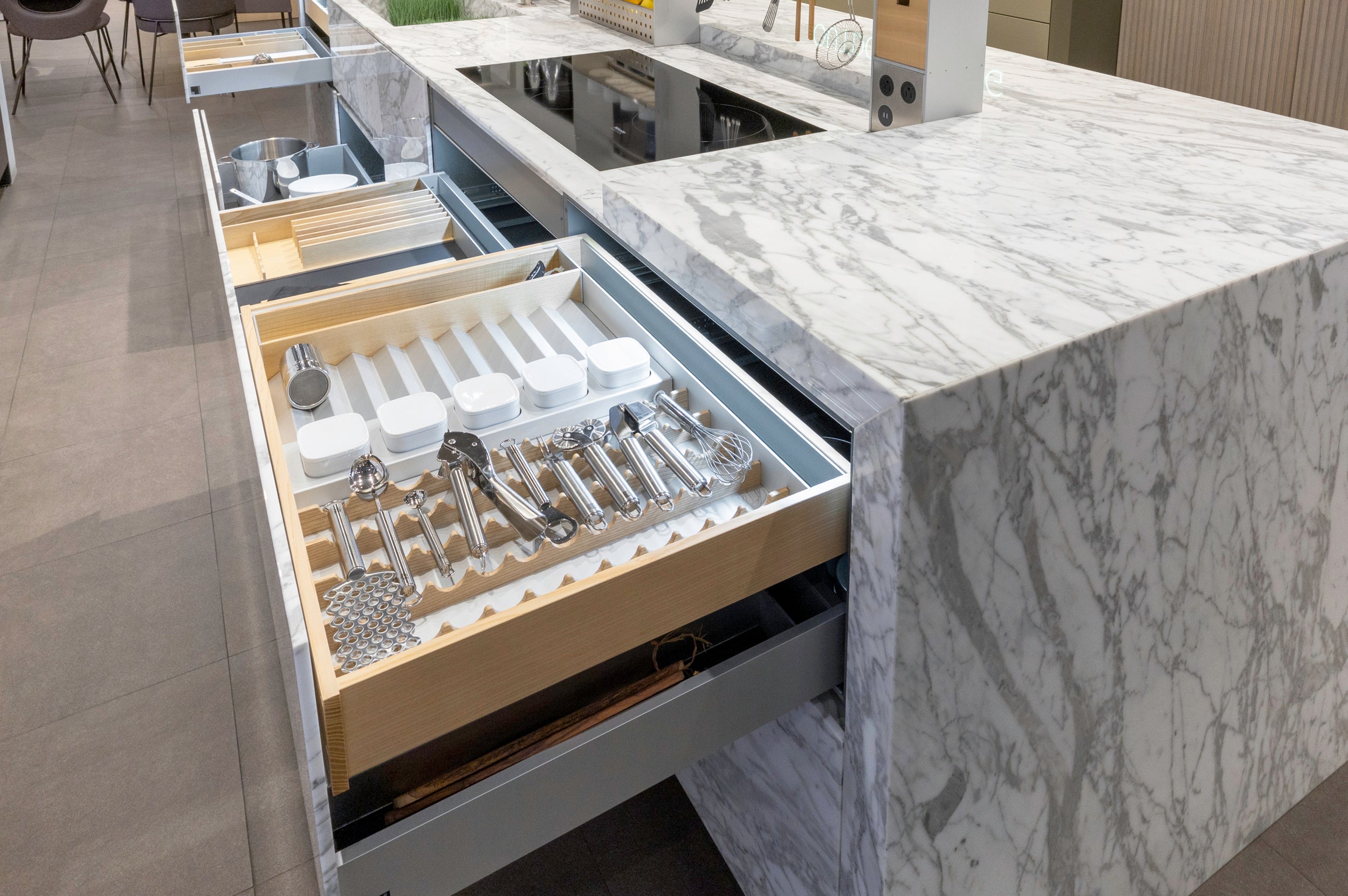 eggersmann USA Chablis Vintage Oak & Steel Grey Modern Kitchen with Arabescato Waterfall Island and Miele Appliance Suite