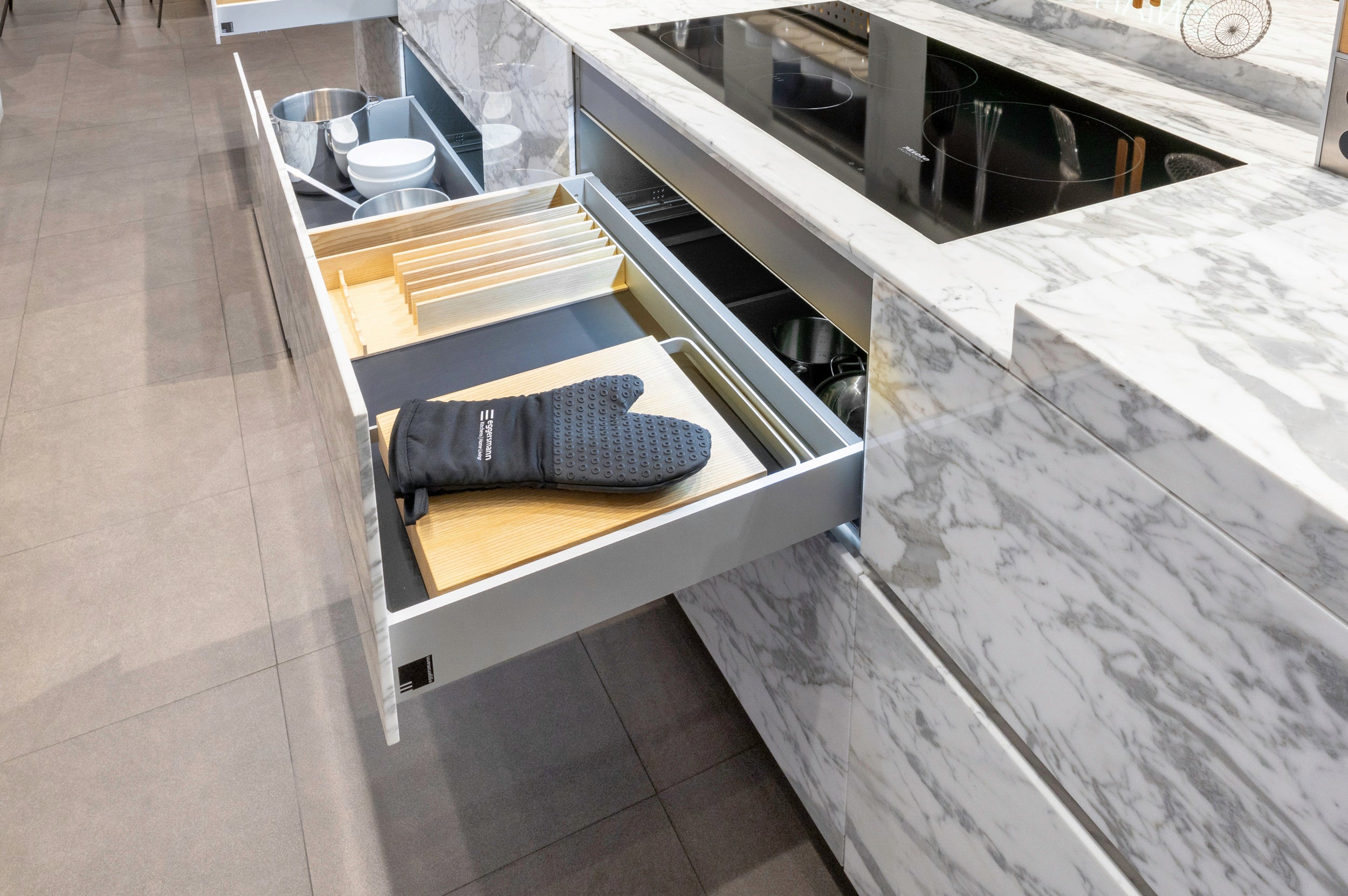 eggersmann USA Chablis Vintage Oak & Steel Grey Modern Kitchen with Arabescato Waterfall Island and Miele Appliance Suite