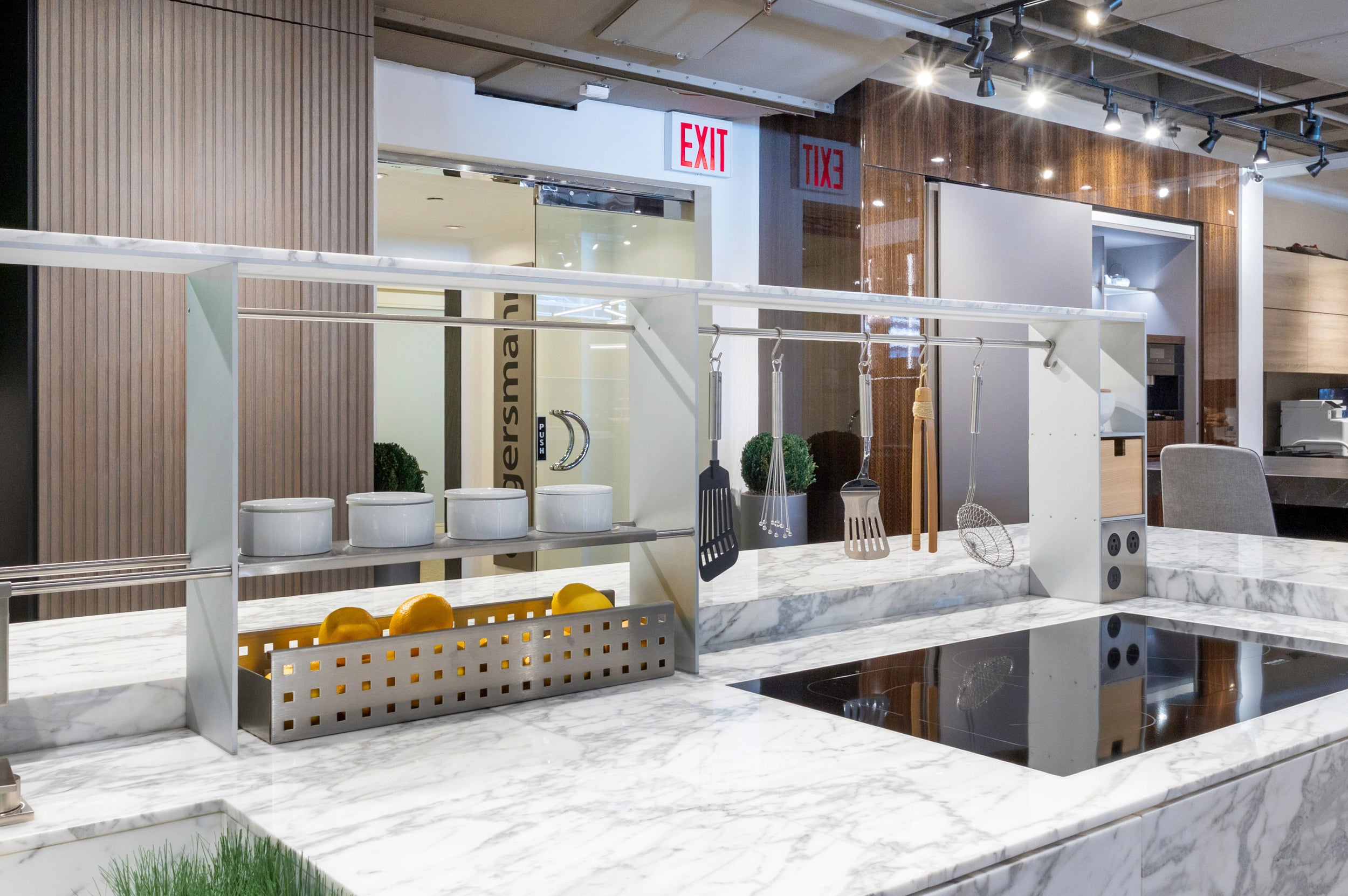 eggersmann USA Chablis Vintage Oak & Steel Grey Modern Kitchen with Arabescato Waterfall Island and Miele Appliance Suite