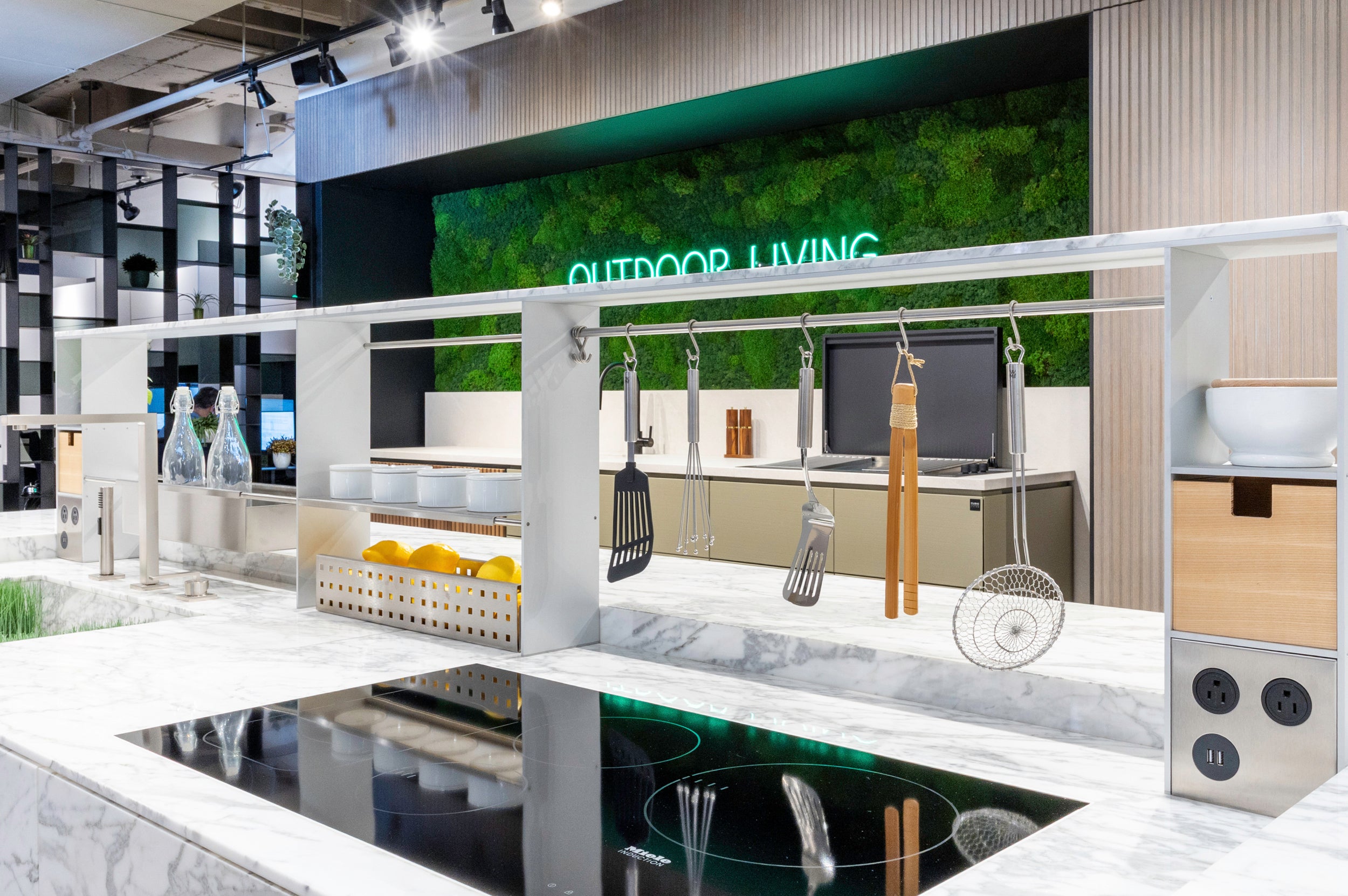 eggersmann USA Chablis Vintage Oak & Steel Grey Modern Kitchen with Arabescato Waterfall Island and Miele Appliance Suite