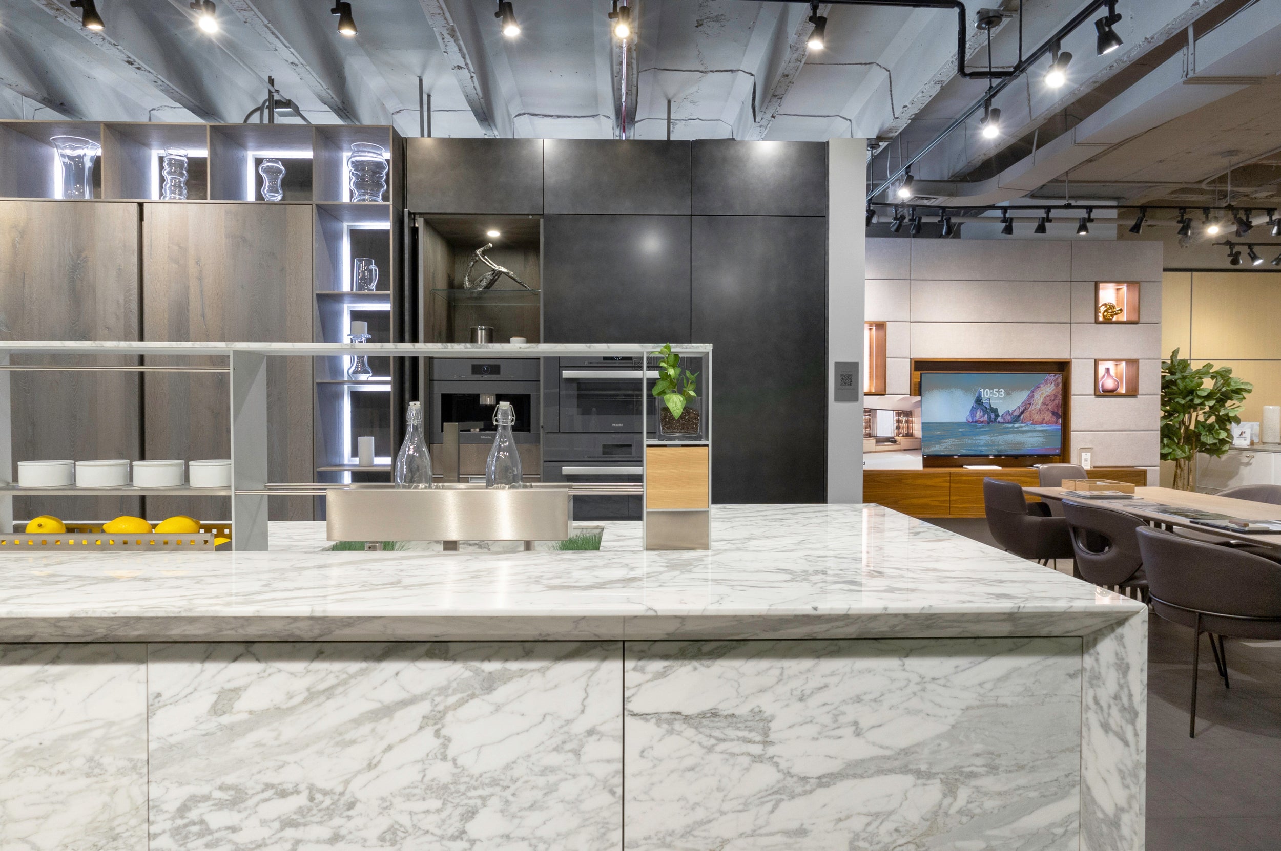 eggersmann USA Chablis Vintage Oak & Steel Grey Modern Kitchen with Arabescato Waterfall Island and Miele Appliance Suite
