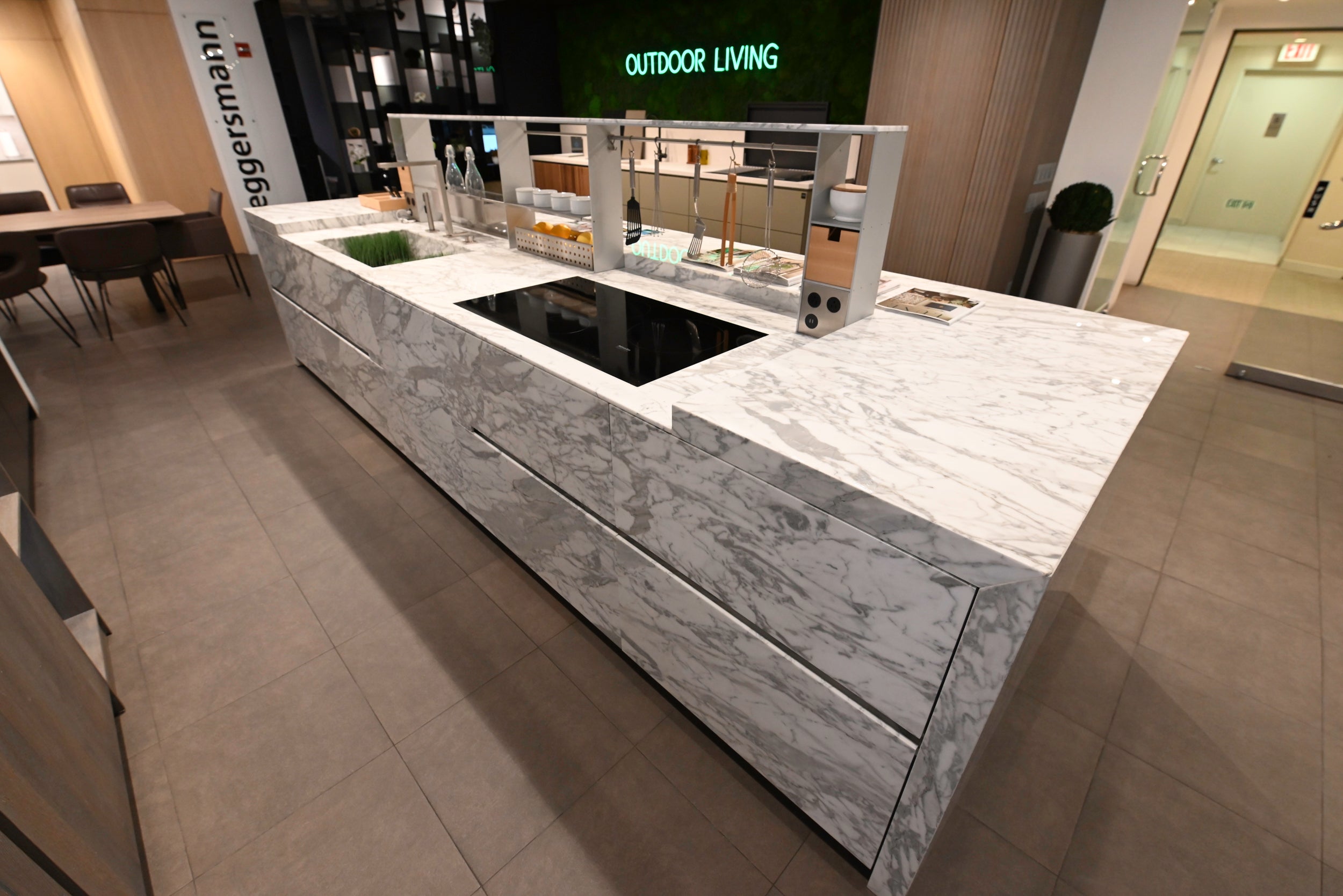 eggersmann USA Chablis Vintage Oak & Steel Grey Modern Kitchen with Arabescato Waterfall Island and Miele Appliance Suite