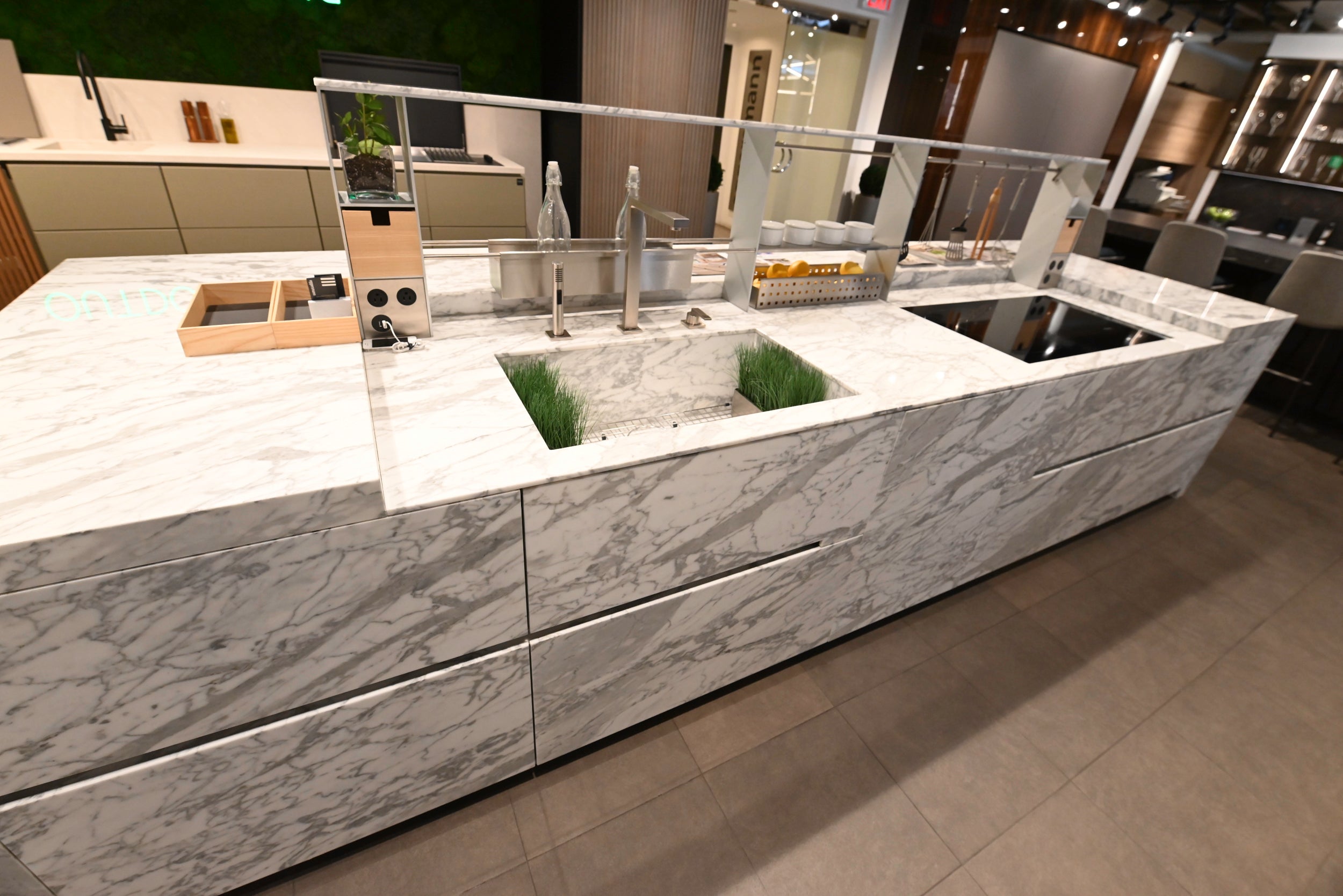 eggersmann USA Chablis Vintage Oak & Steel Grey Modern Kitchen with Arabescato Waterfall Island and Miele Appliance Suite