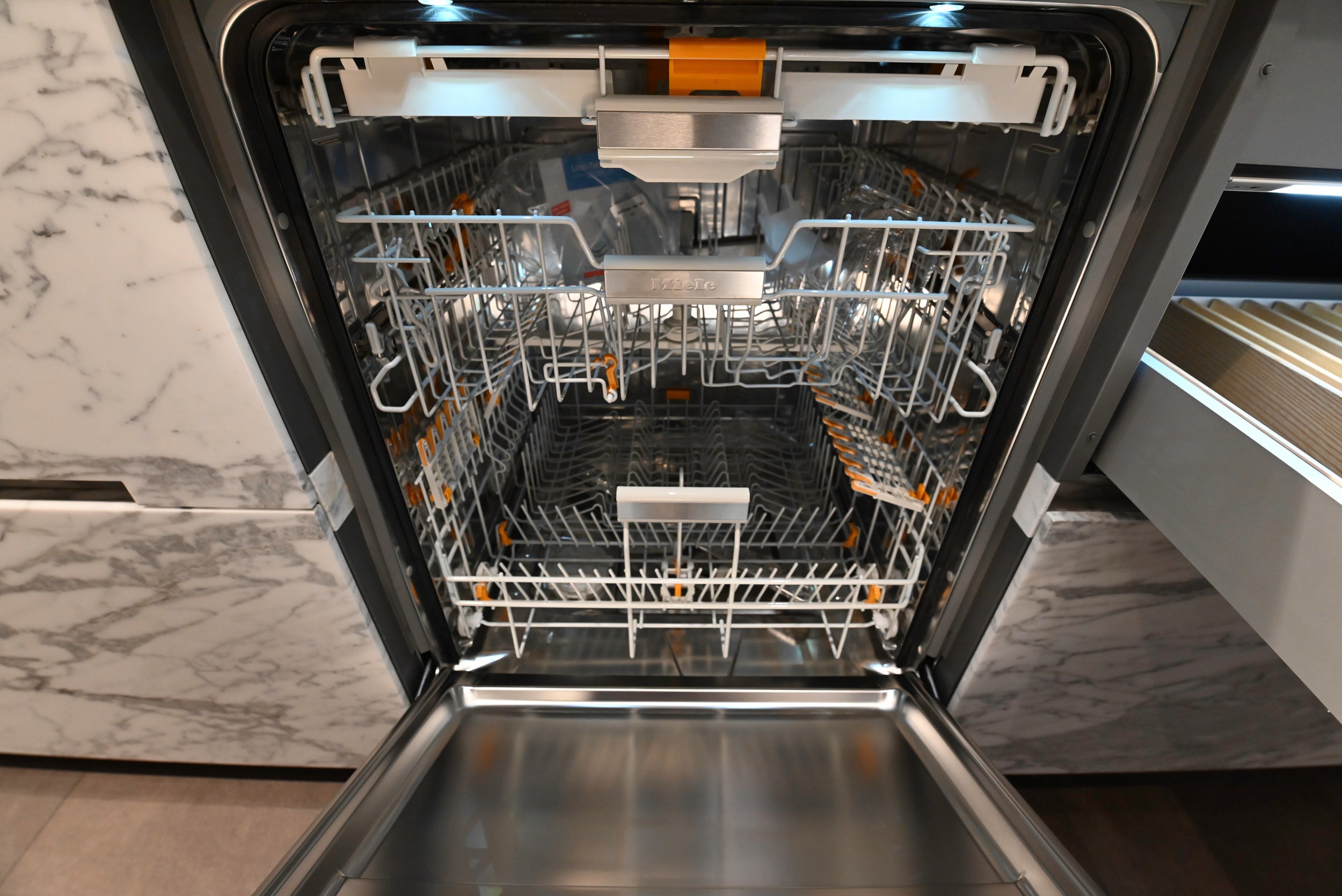 eggersmann USA Chablis Vintage Oak & Steel Grey Modern Kitchen with Arabescato Waterfall Island and Miele Appliance Suite
