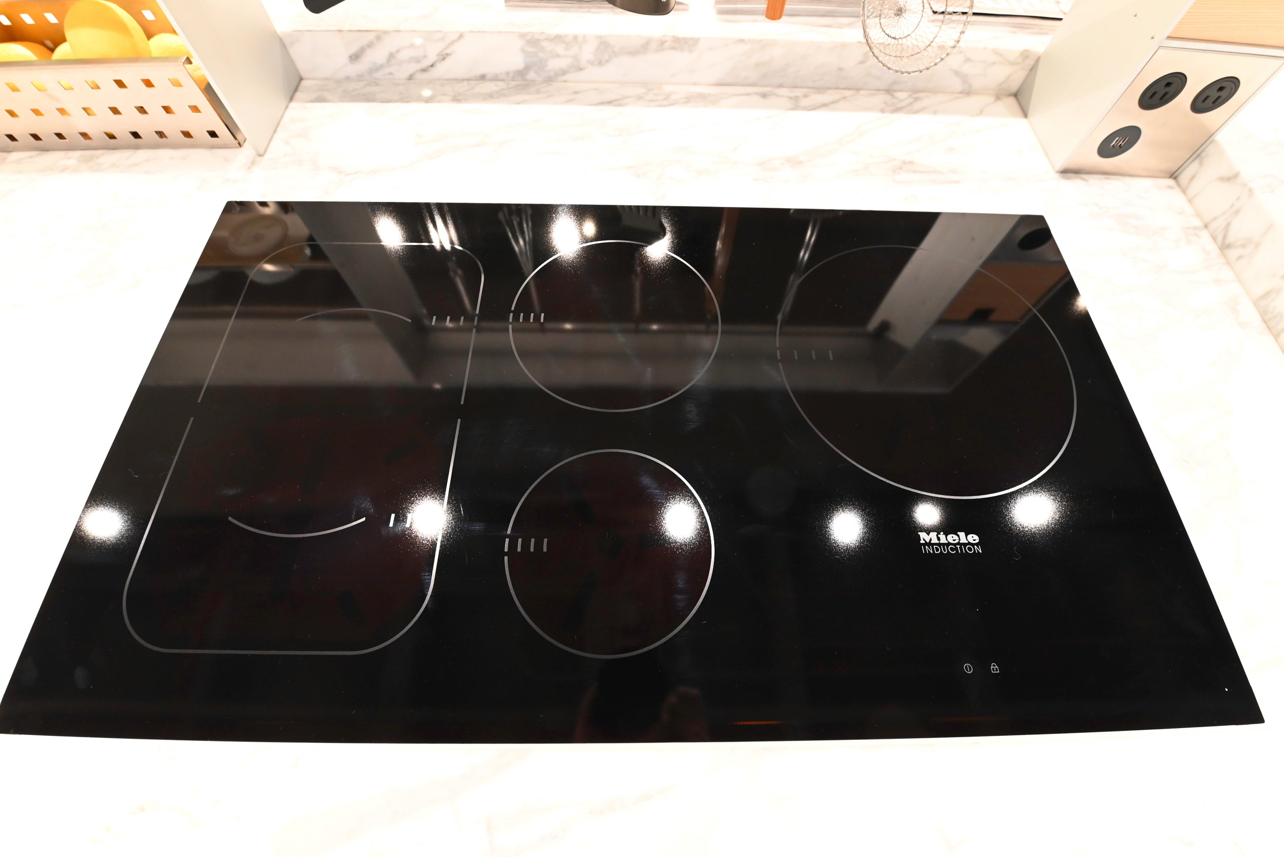 eggersmann USA Chablis Vintage Oak & Steel Grey Modern Kitchen with Arabescato Waterfall Island and Miele Appliance Suite