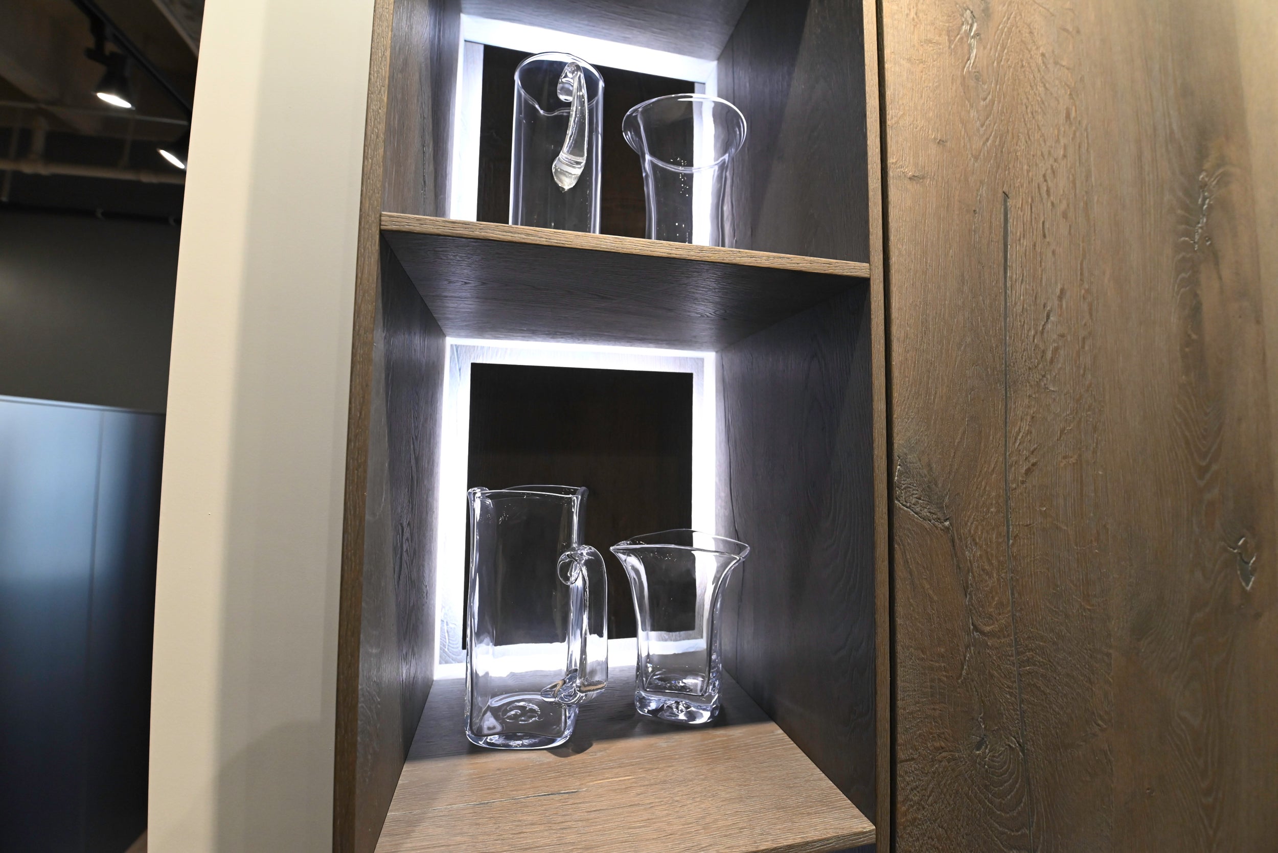 eggersmann USA Chablis Vintage Oak & Steel Grey Modern Kitchen with Arabescato Waterfall Island and Miele Appliance Suite