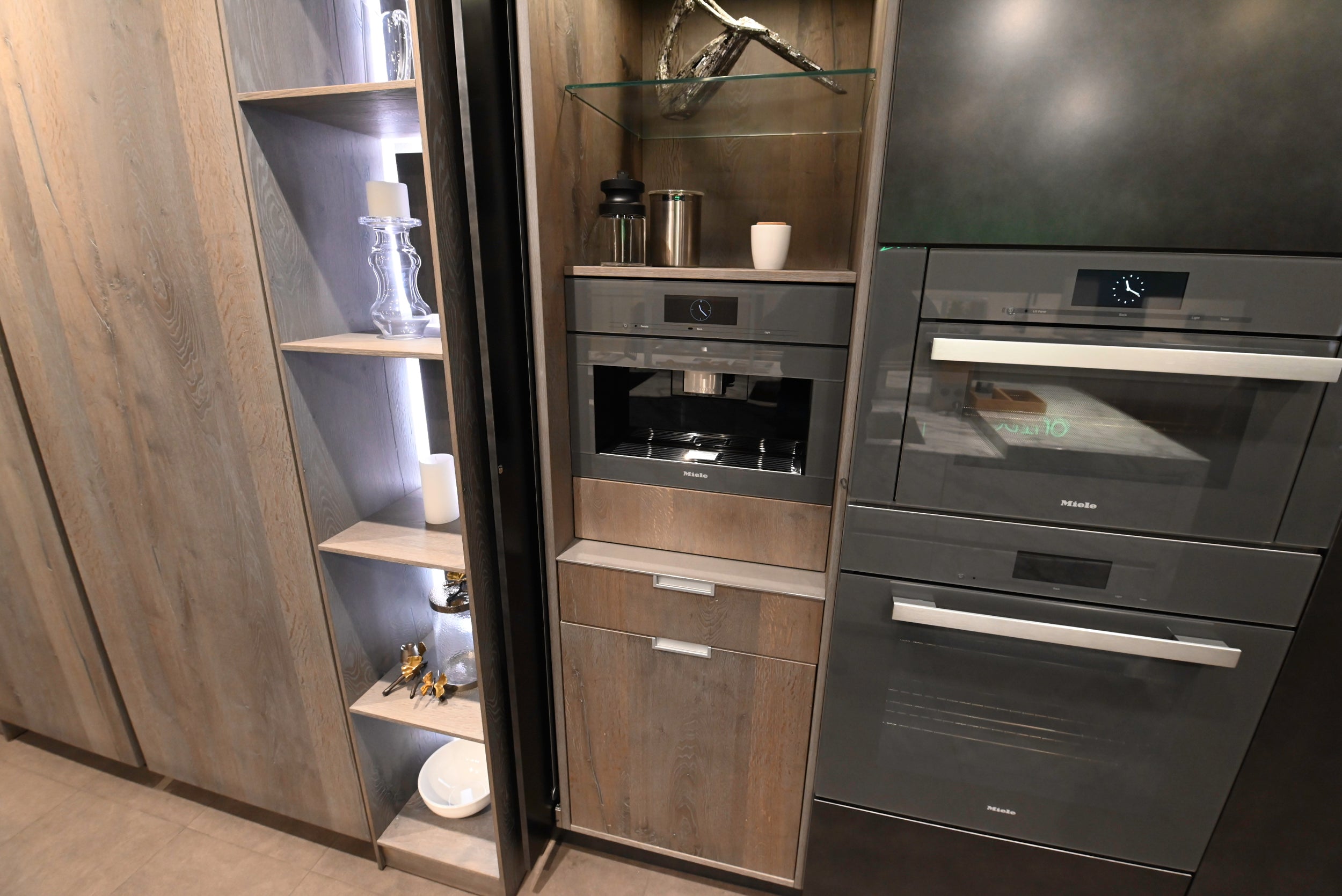 eggersmann USA Chablis Vintage Oak & Steel Grey Modern Kitchen with Arabescato Waterfall Island and Miele Appliance Suite