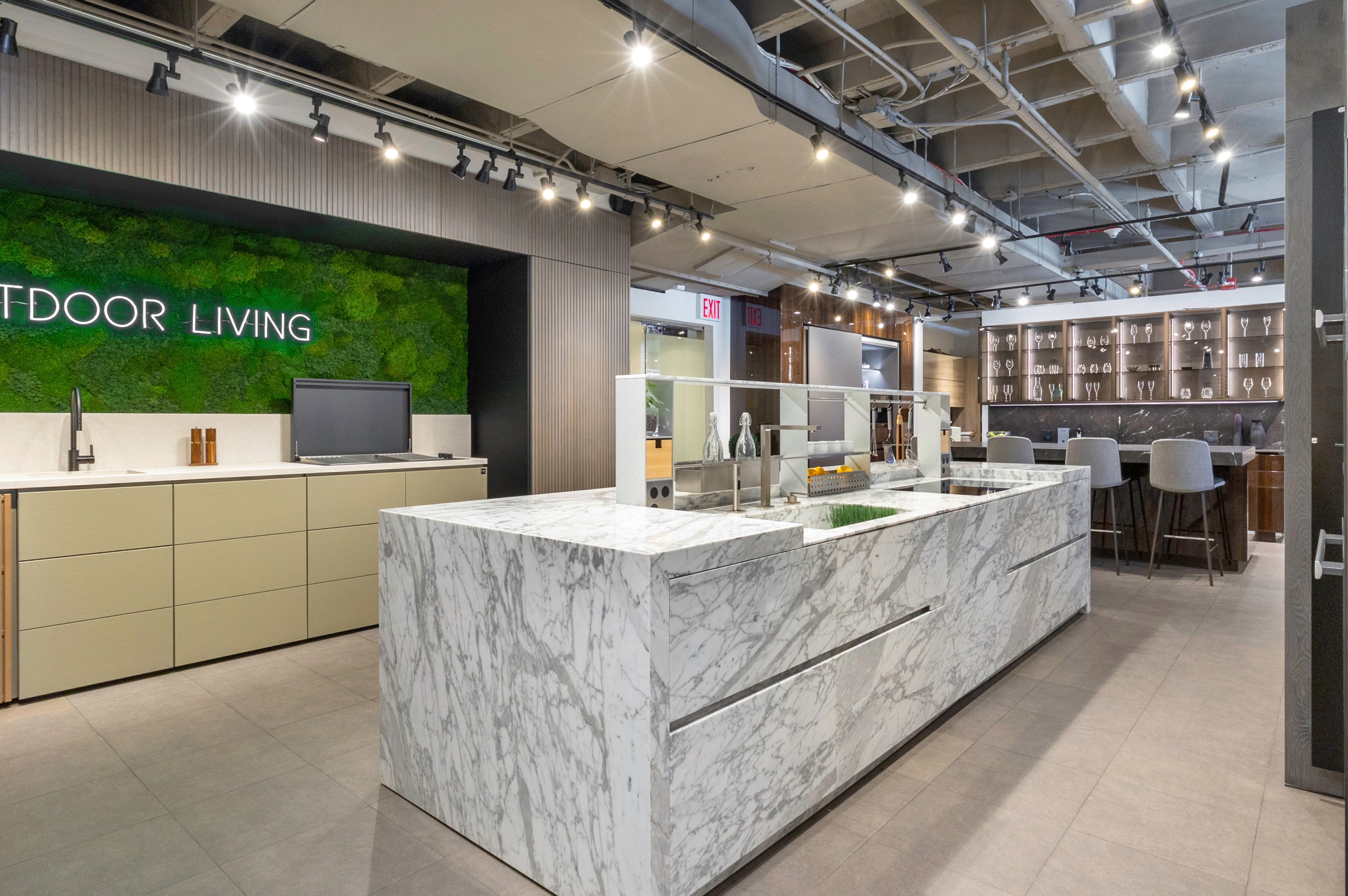 eggersmann USA Chablis Vintage Oak & Steel Grey Modern Kitchen with Arabescato Waterfall Island and Miele Appliance Suite