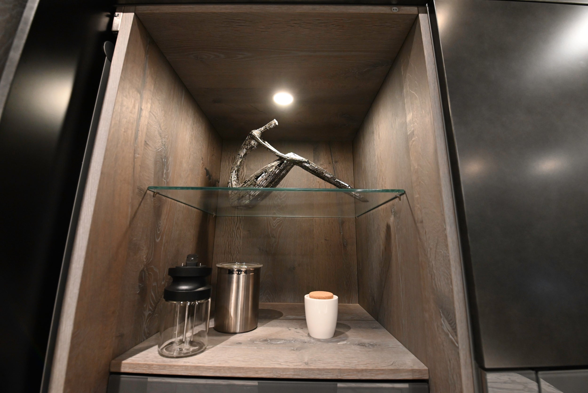 eggersmann Chablis Vintage Oak & Steel Grey Modern Kitchen with Arabescato Waterfall Island and Miele Appliance Suite