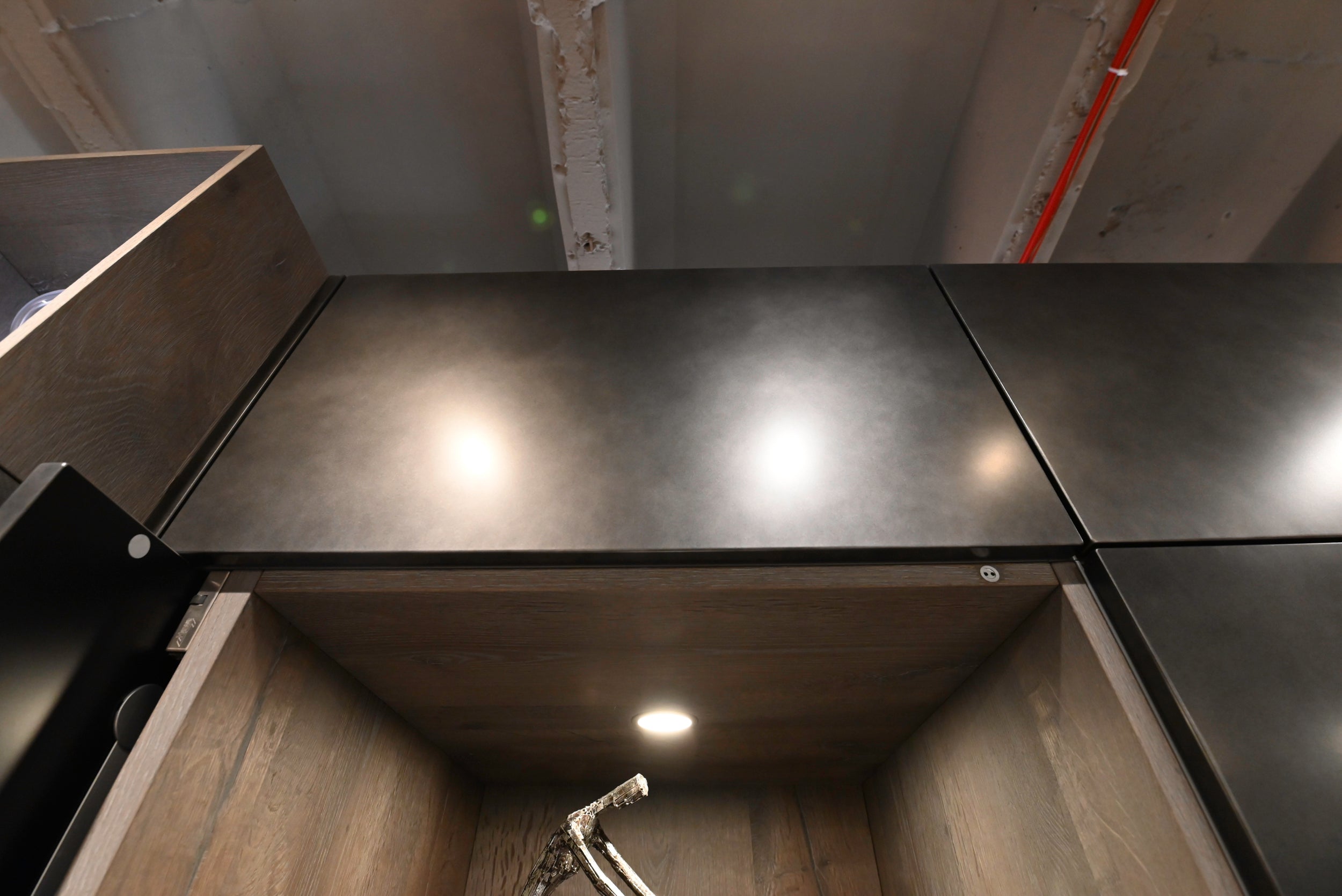 eggersmann USA Chablis Vintage Oak & Steel Grey Modern Kitchen with Arabescato Waterfall Island and Miele Appliance Suite