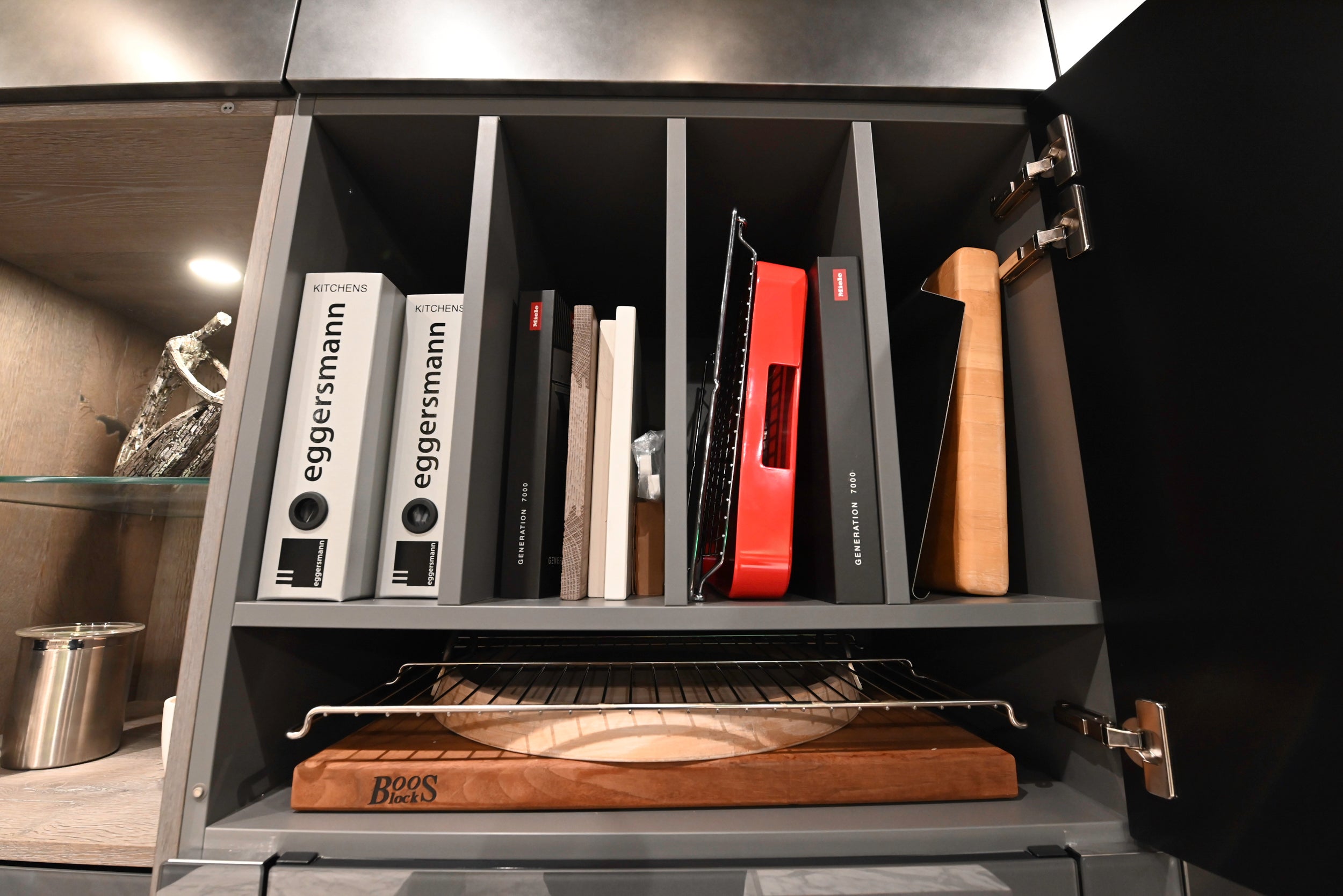 eggersmann USA Chablis Vintage Oak & Steel Grey Modern Kitchen with Arabescato Waterfall Island and Miele Appliance Suite