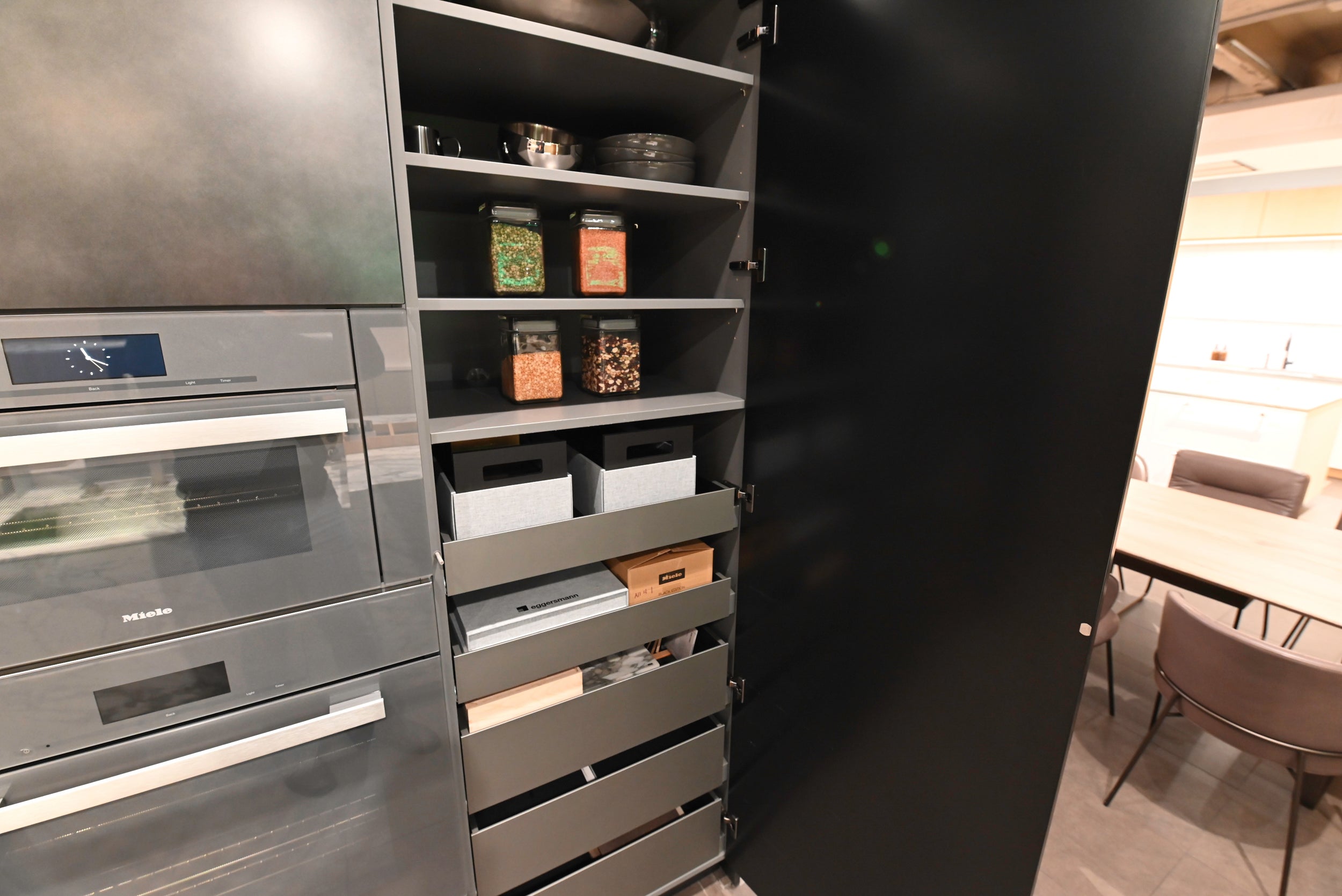 eggersmann USA Chablis Vintage Oak & Steel Grey Modern Kitchen with Arabescato Waterfall Island and Miele Appliance Suite