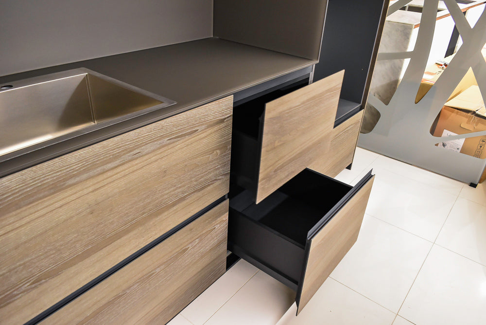 Valcucine Veneer Modern Dark Brown Kitchen and Island with Porcelain Countertops