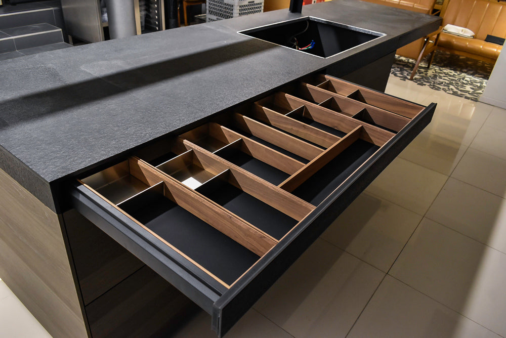 Valcucine Veneer Modern Dark Brown Kitchen and Island with Porcelain Countertops