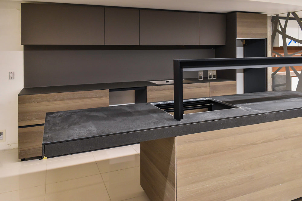 Valcucine Veneer Modern Dark Brown Kitchen and Island with Porcelain Countertops