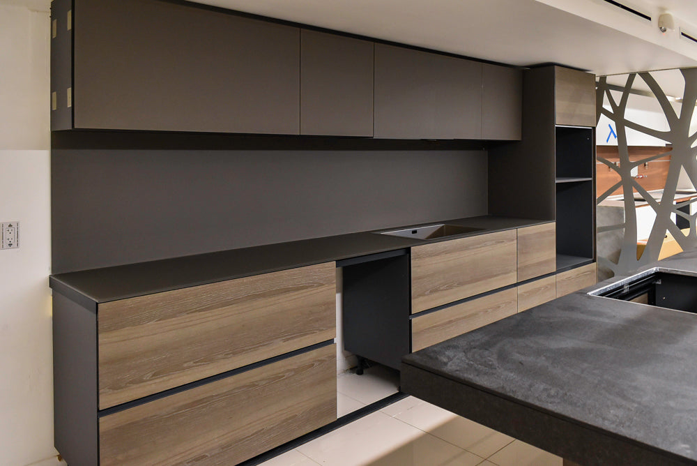 Valcucine Veneer Modern Dark Brown Kitchen and Island with Porcelain Countertops