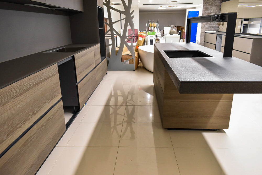 Valcucine Veneer Modern Dark Brown Kitchen and Island with Porcelain Countertops