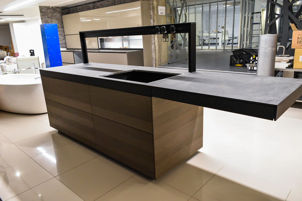 Valcucine Veneer Modern Dark Brown Kitchen and Island with Porcelain Countertops