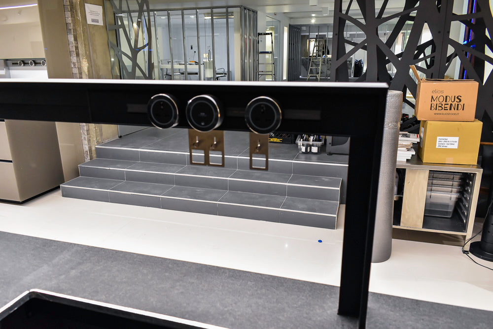 Valcucine Veneer Modern Dark Brown Kitchen and Island with Porcelain Countertops