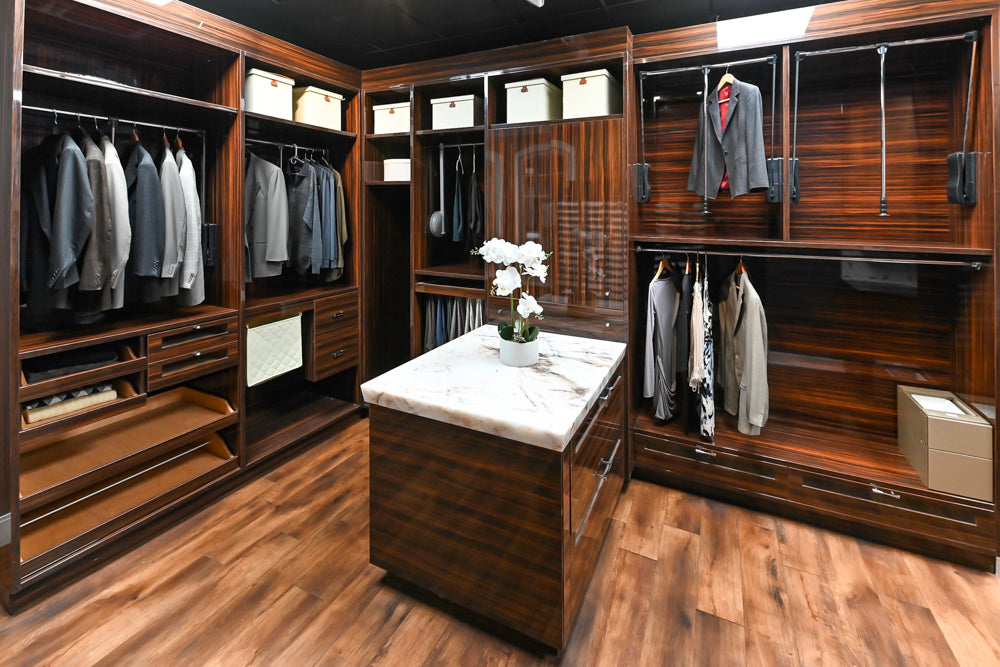 Downsview Modern Dark Brown Glossy Wardrobe Closet with Marble Peninsula Top