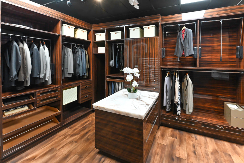 Downsview Modern Dark Brown Glossy Wardrobe Closet with Marble Peninsula Top