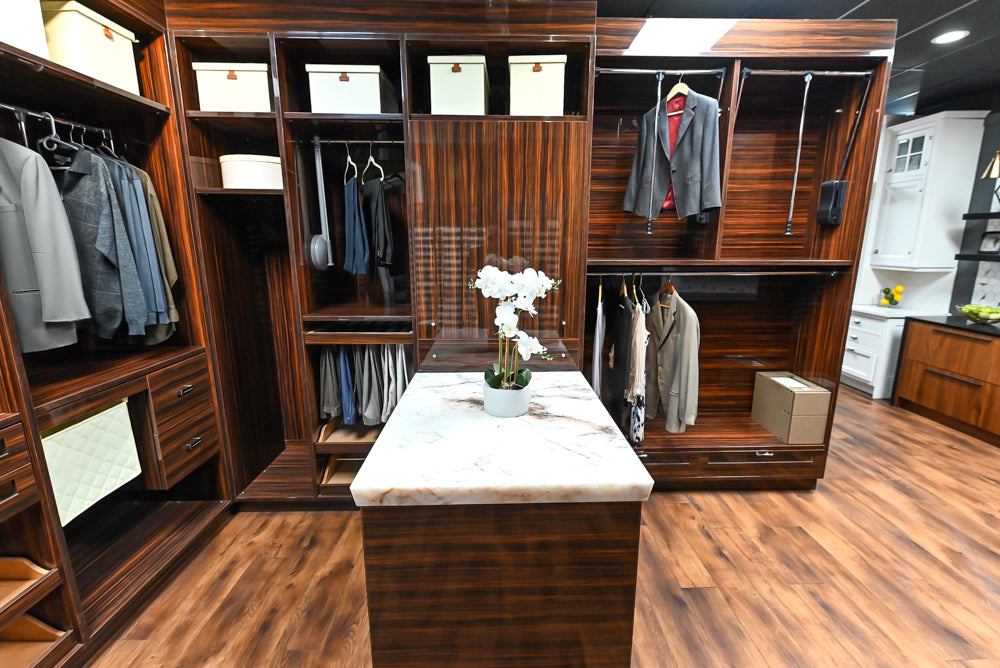 Downsview Modern Dark Brown Glossy Wardrobe Closet with Marble Peninsula Top