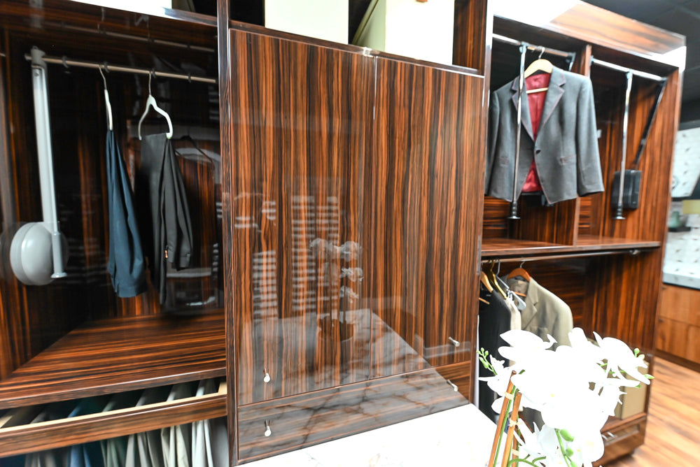 Downsview Modern Dark Brown Glossy Wardrobe Closet with Marble Peninsula Top