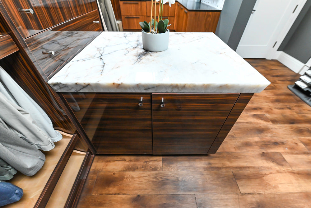 Downsview Modern Dark Brown Glossy Wardrobe Closet with Marble Peninsula Top