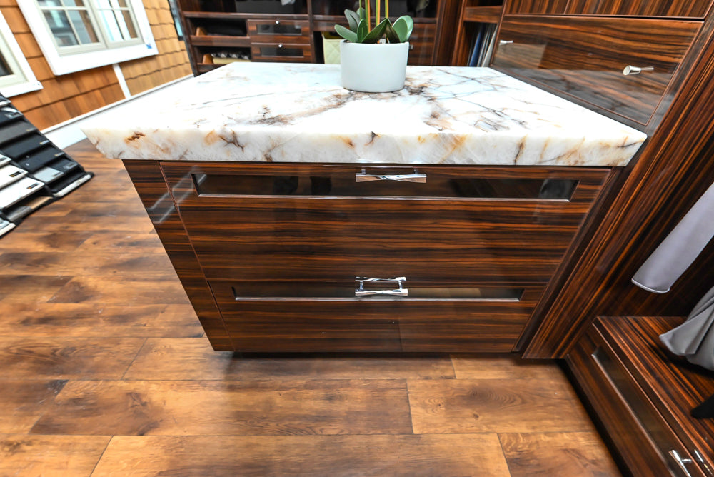 Downsview Modern Dark Brown Glossy Wardrobe Closet with Marble Peninsula Top