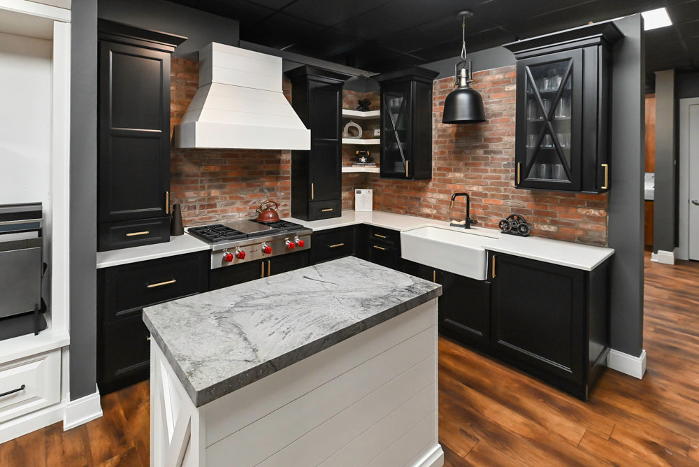Showplace Black and White Industrial Kitchen with Island and Bonus Bench Area