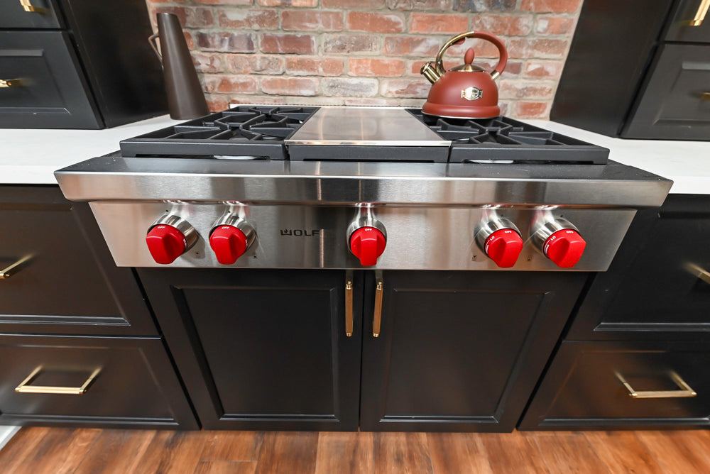 Showplace Black and White Industrial Kitchen with Island and Bonus Bench Area
