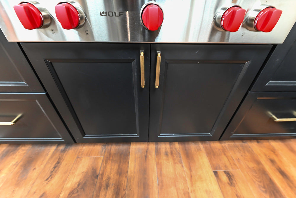 Showplace Black and White Industrial Kitchen with Island and Bonus Bench Area