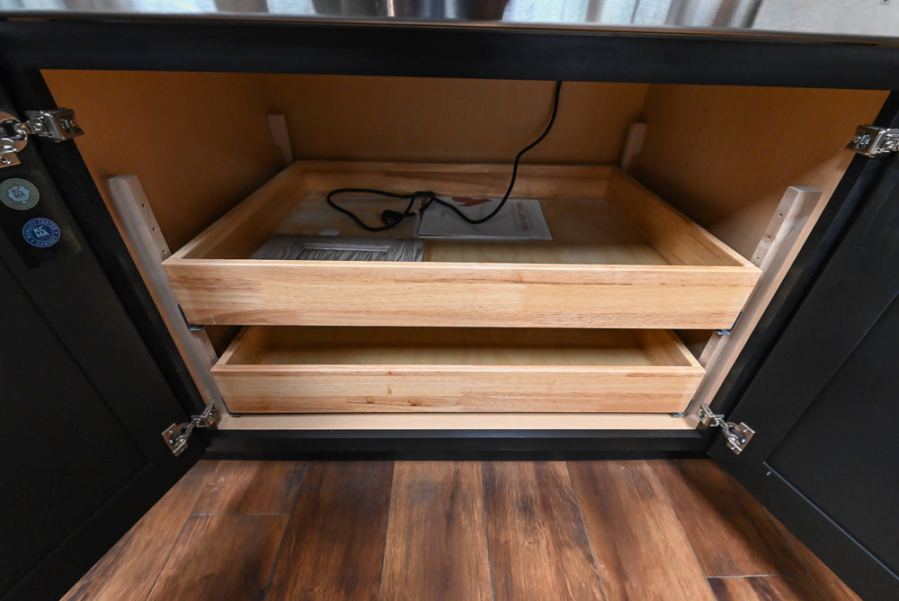 Showplace Black and White Industrial Kitchen with Island and Bonus Bench Area