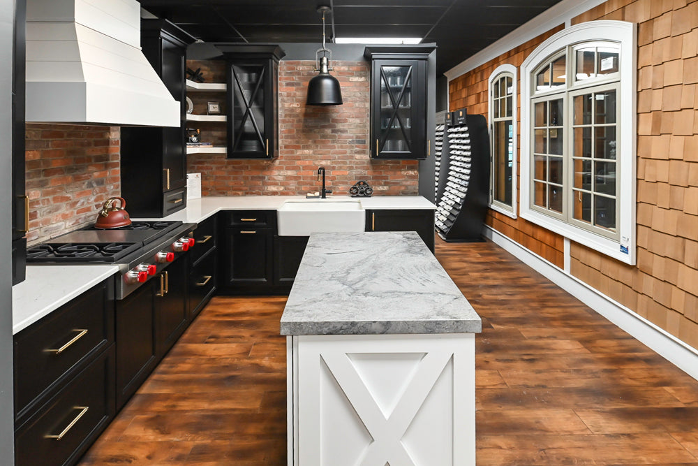 Showplace Black and White Industrial Kitchen with Island and Bonus Bench Area