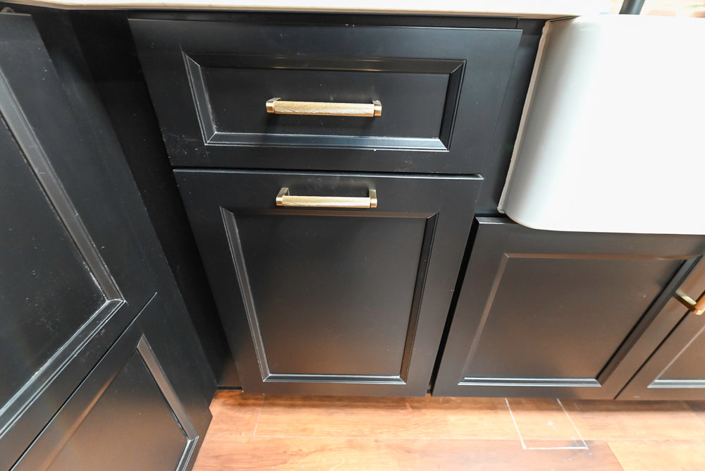 Showplace Black and White Industrial Kitchen with Island and Bonus Bench Area
