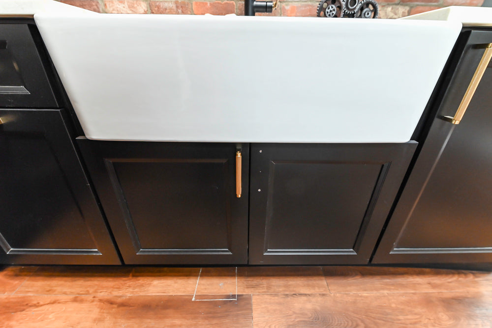 Showplace Black and White Industrial Kitchen with Island and Bonus Bench Area