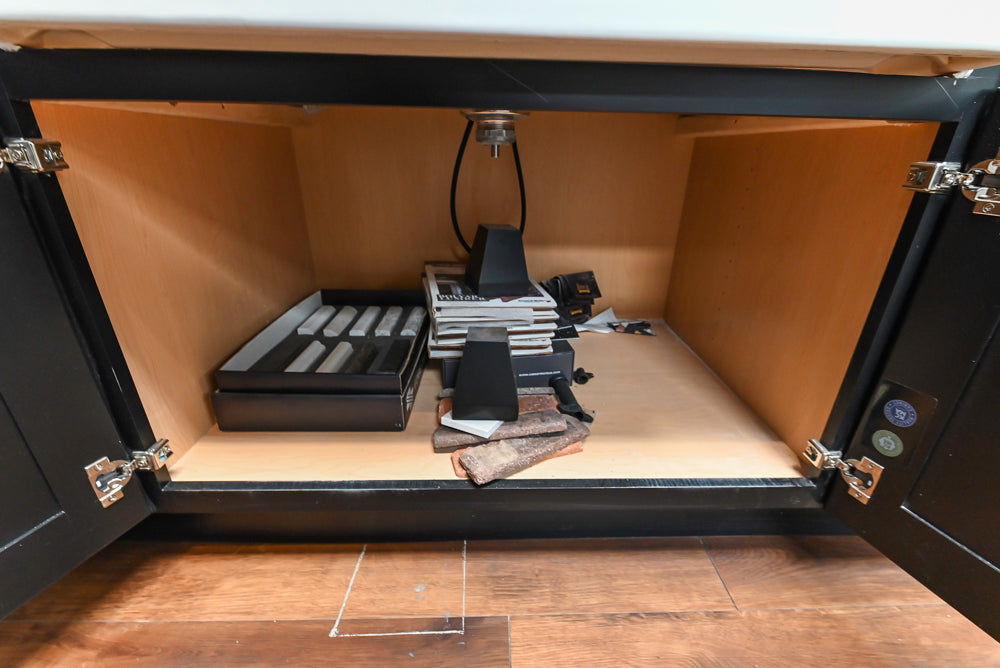Showplace Black and White Industrial Kitchen with Island and Bonus Bench Area