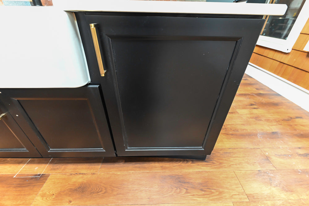 Showplace Black and White Industrial Kitchen with Island and Bonus Bench Area