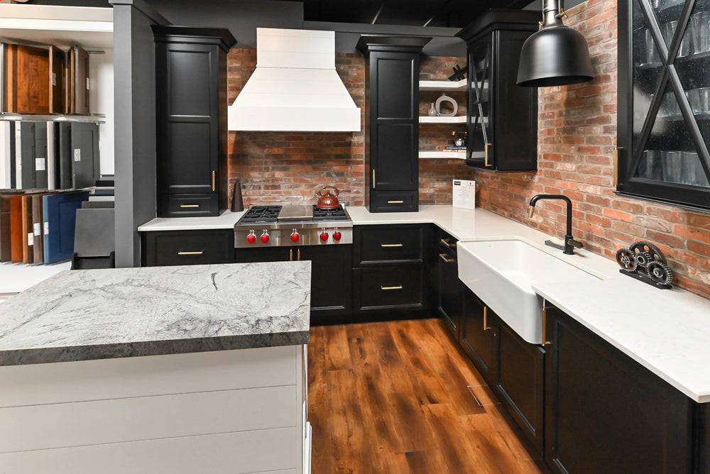 Showplace Black and White Industrial Kitchen with Island and Bonus Bench Area