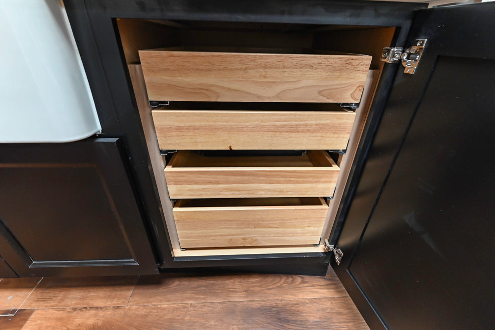 Showplace Black and White Industrial Kitchen with Island and Bonus Bench Area