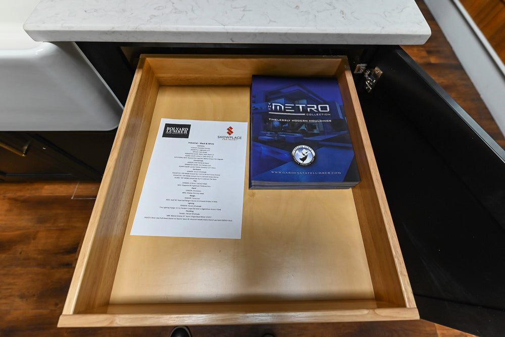 Showplace Black and White Industrial Kitchen with Island and Bonus Bench Area