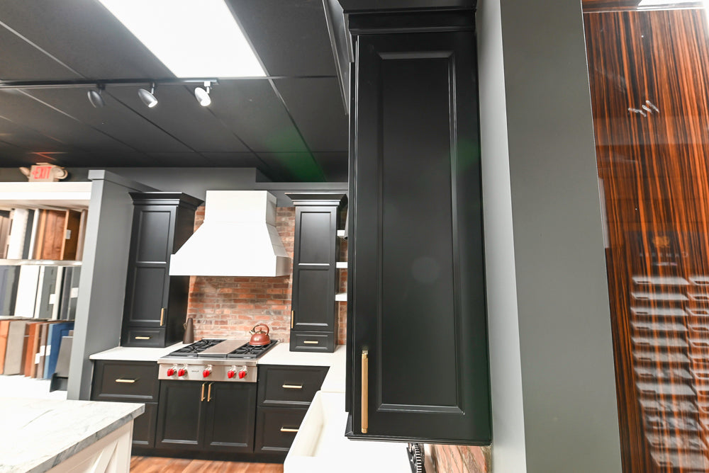 Showplace Black and White Industrial Kitchen with Island and Bonus Bench Area
