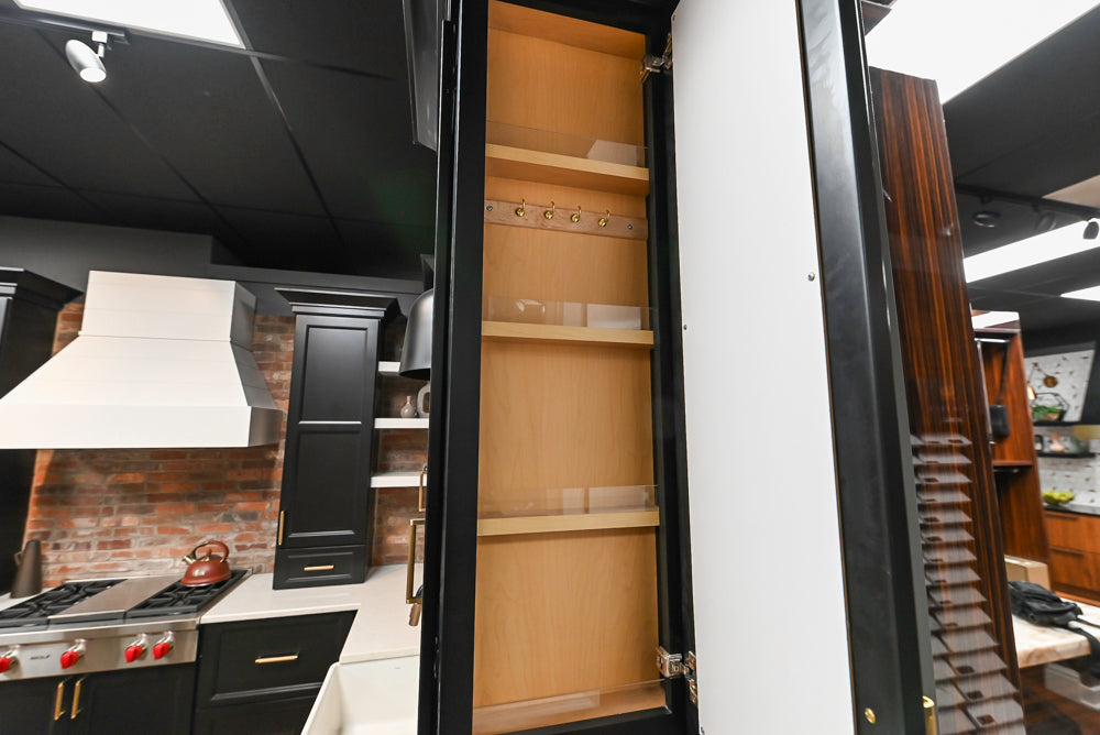 Showplace Black and White Industrial Kitchen with Island and Bonus Bench Area