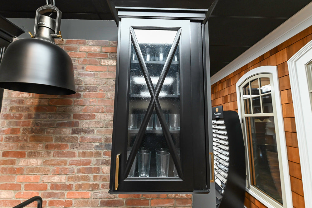Showplace Black and White Industrial Kitchen with Island and Bonus Bench Area