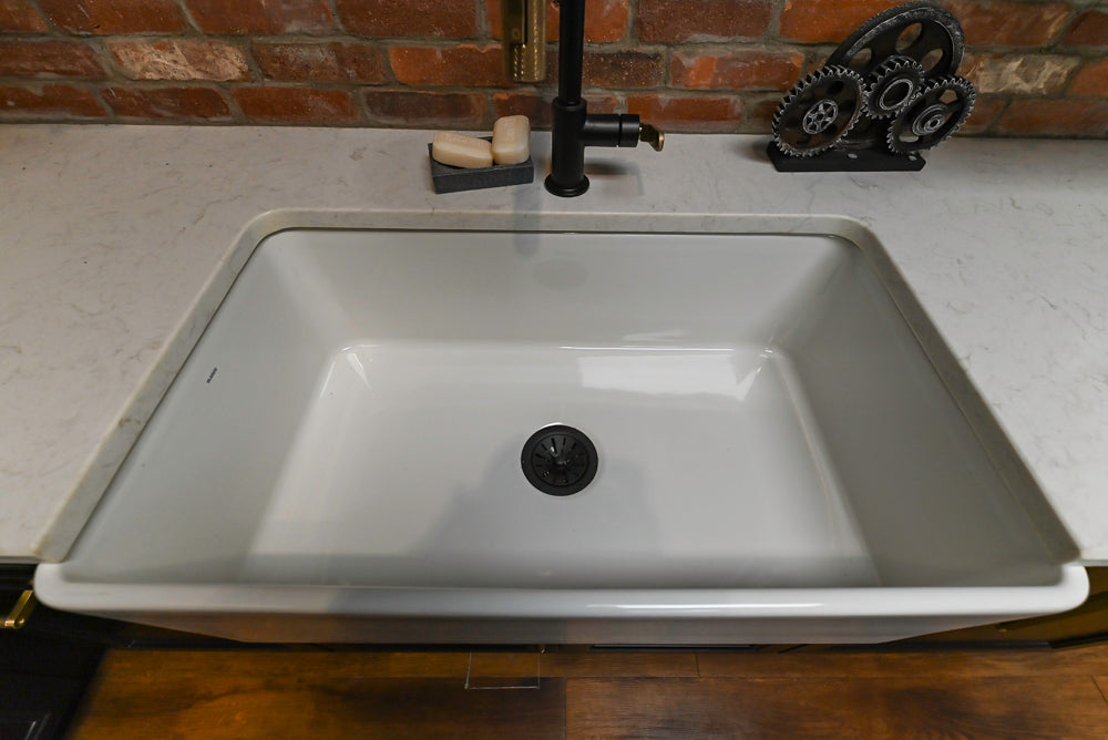Showplace Black and White Industrial Kitchen with Island and Bonus Bench Area