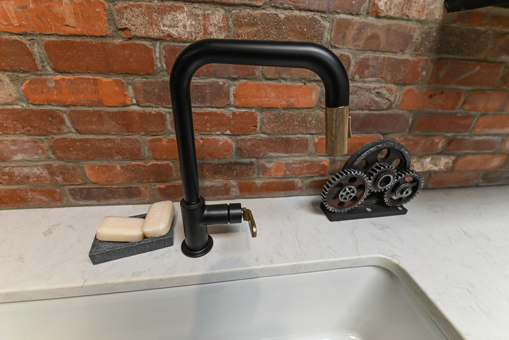 Showplace Black and White Industrial Kitchen with Island and Bonus Bench Area