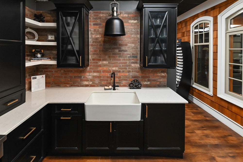 Showplace Black and White Industrial Kitchen with Island and Bonus Bench Area